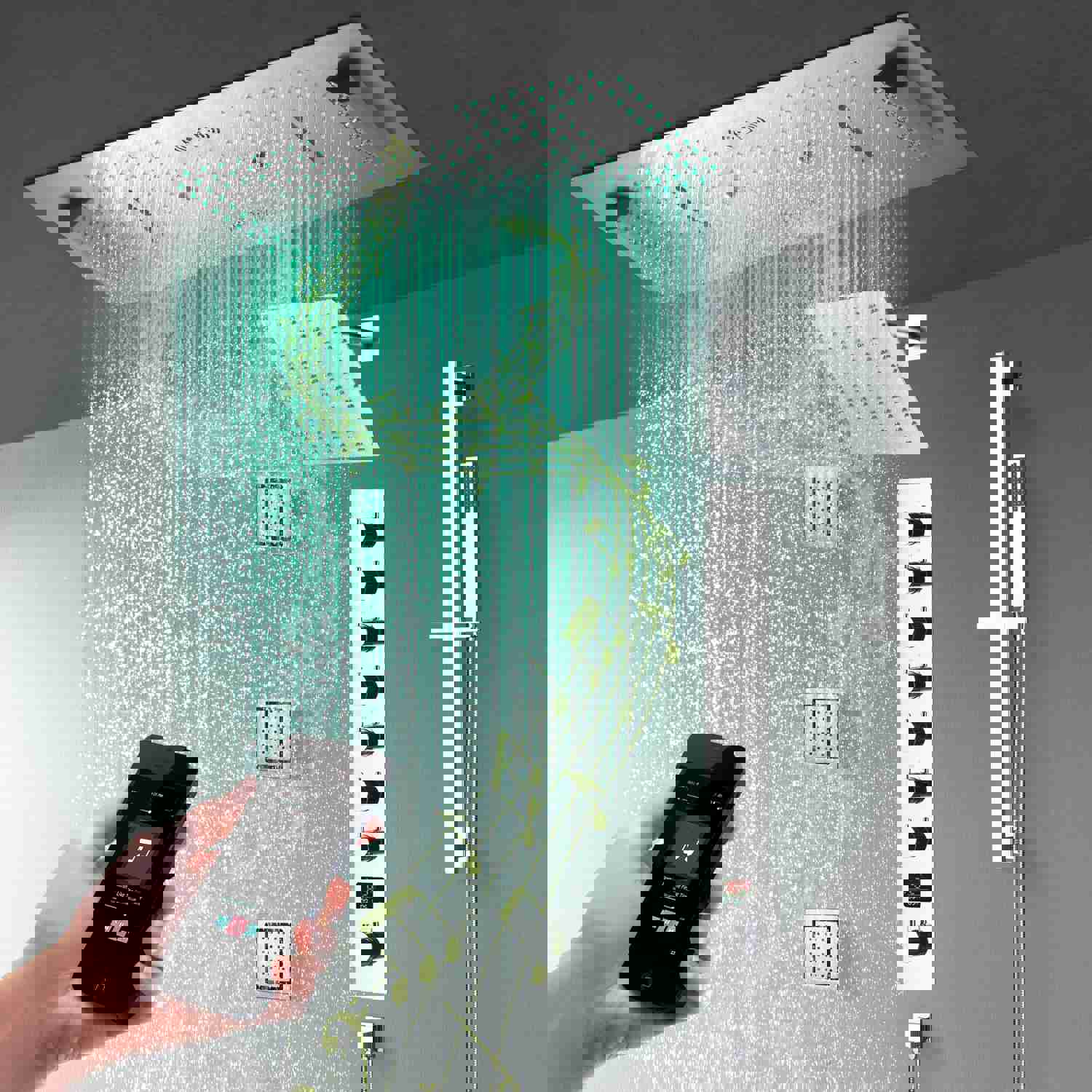 IVEY 36INCH COMPLETE LED MUSIC SHOWER SYSTEM WITH RAINFALL, WATERFALL & WALL MOUNTED SHOWERHEAD