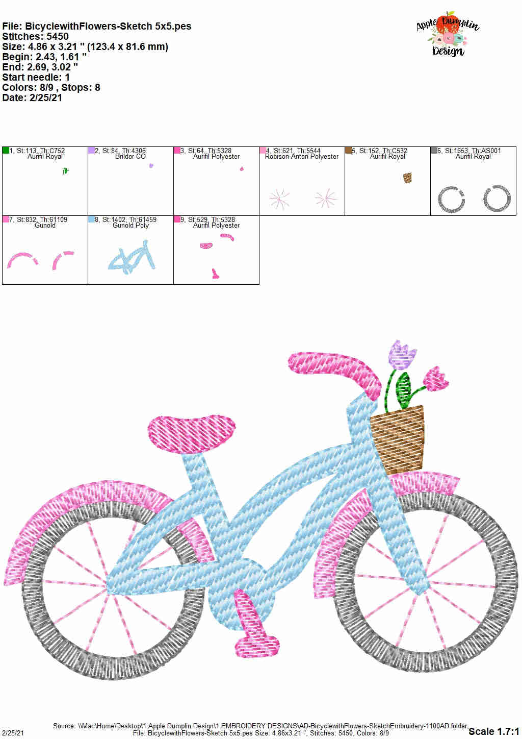 Bicycle with Flowers Sketch Embroidery Design