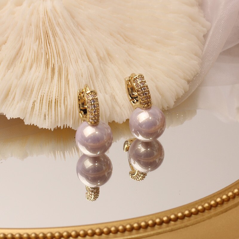 2022 Korean Design Simple Copper Inlaid Zircon Pearl Drop Earrings for Women