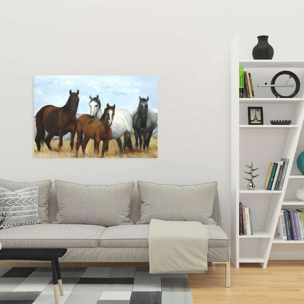 Horses In The Meadow By The Sun - Fine Art Gallery Wrapped Canvas 16x48