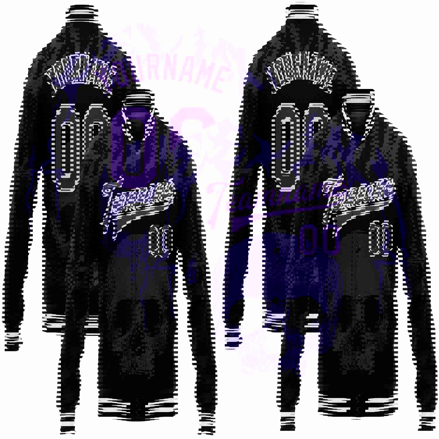 Custom Black Purple-White Skull Fashion 3D Bomber Full-Snap Varsity Letterman Jacket