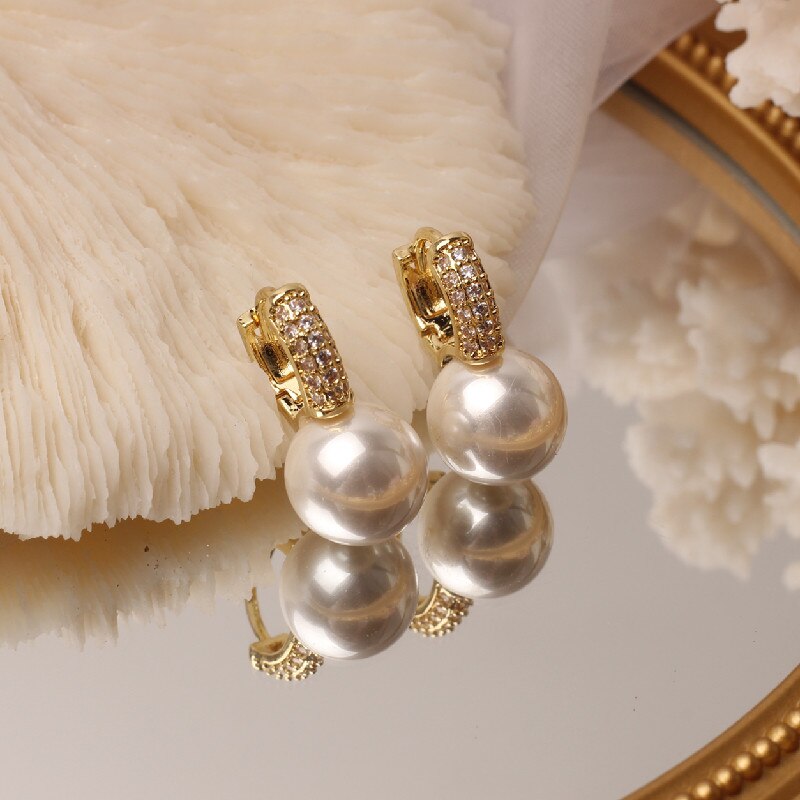 2022 Korean Design Simple Copper Inlaid Zircon Pearl Drop Earrings for Women