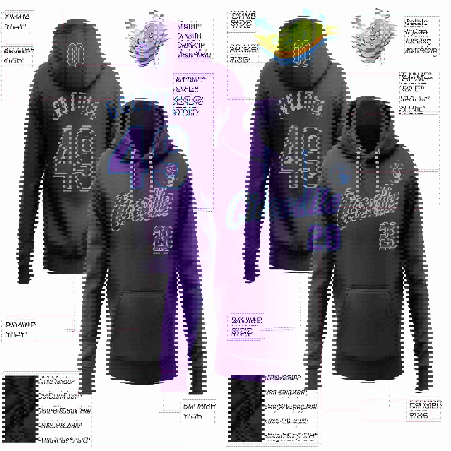 Custom Stitched Black Purple-Light Blue Gradient Fashion Sports Pullover Sweatshirt Hoodie