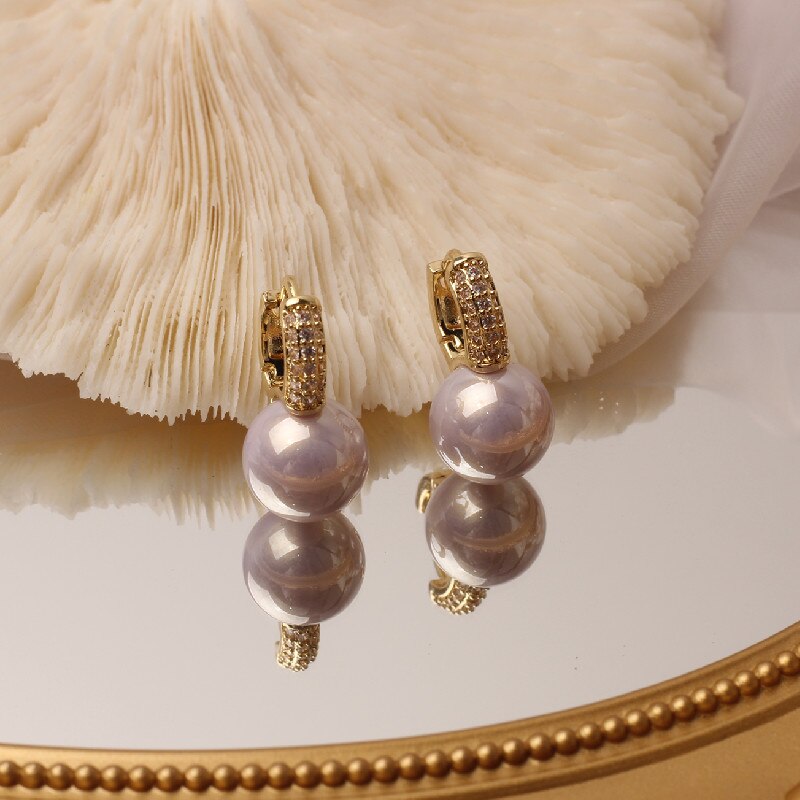 2022 Korean Design Simple Copper Inlaid Zircon Pearl Drop Earrings for Women