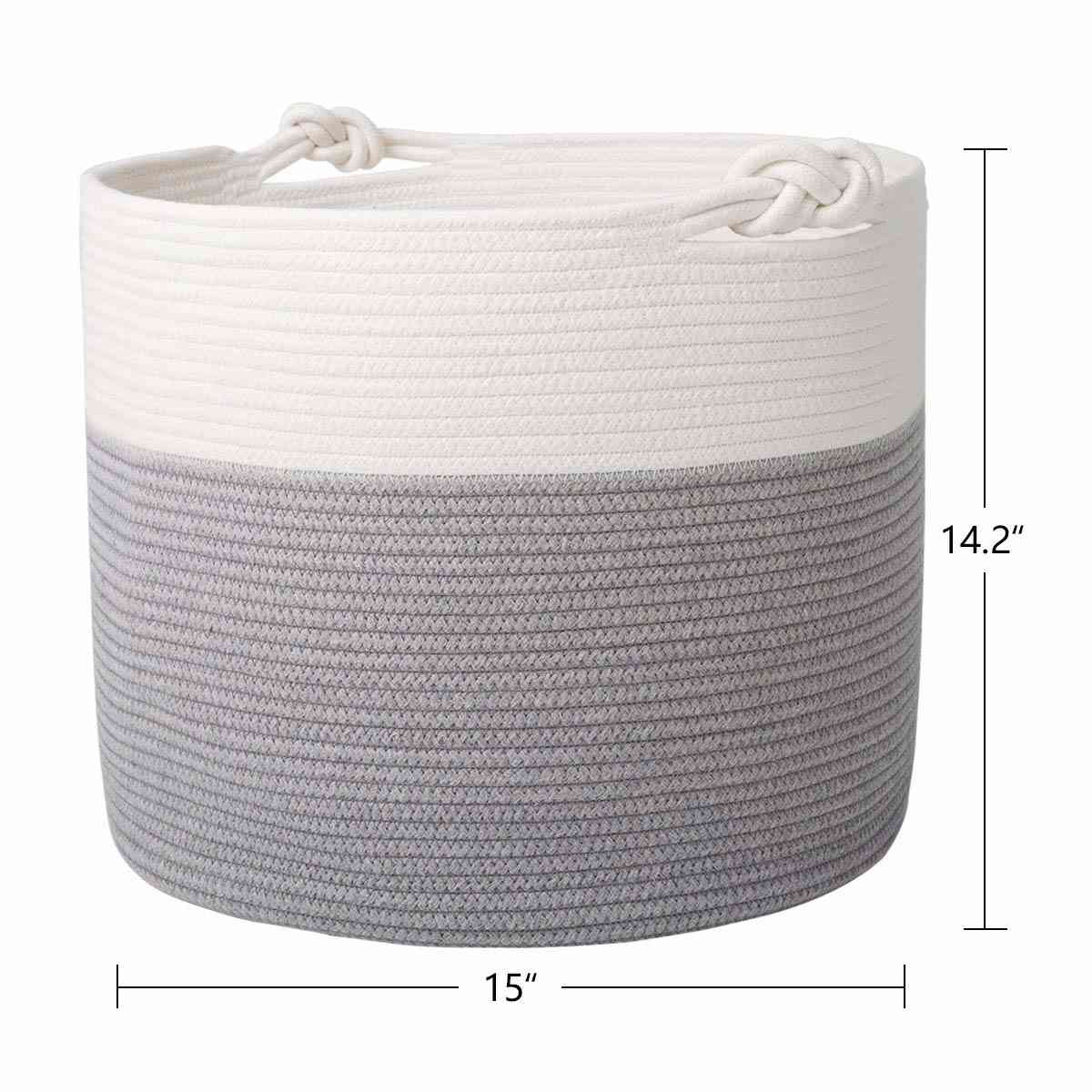Goodpick Cotton Rope Basket with Handle for Baby Laundry, Toy, and Blanket Storage - Natural Woven Basket (15 × 15 × 14.2)