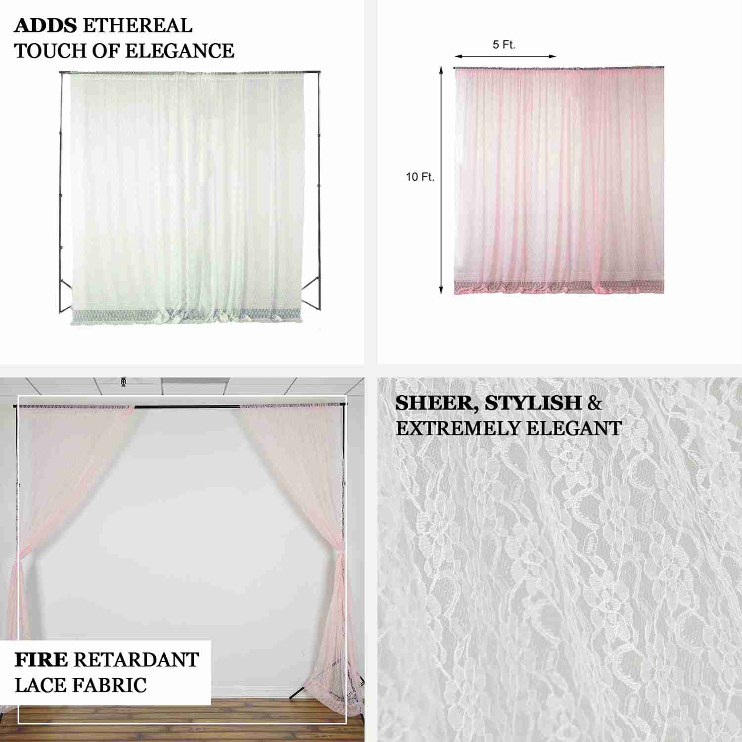 2 Pack Fire Retardant Floral Lace Sheer Curtains With Rod Pockets 5ftx10ft