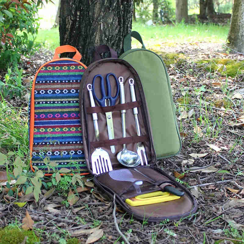 7pcs Camping Kitchen Utensil Set with Carrying Bag for Outdoor Cooking