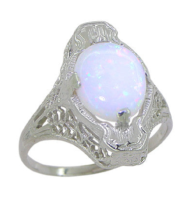 White Opal Filigree Ring in 14 Karat White Gold - Art Deco Style