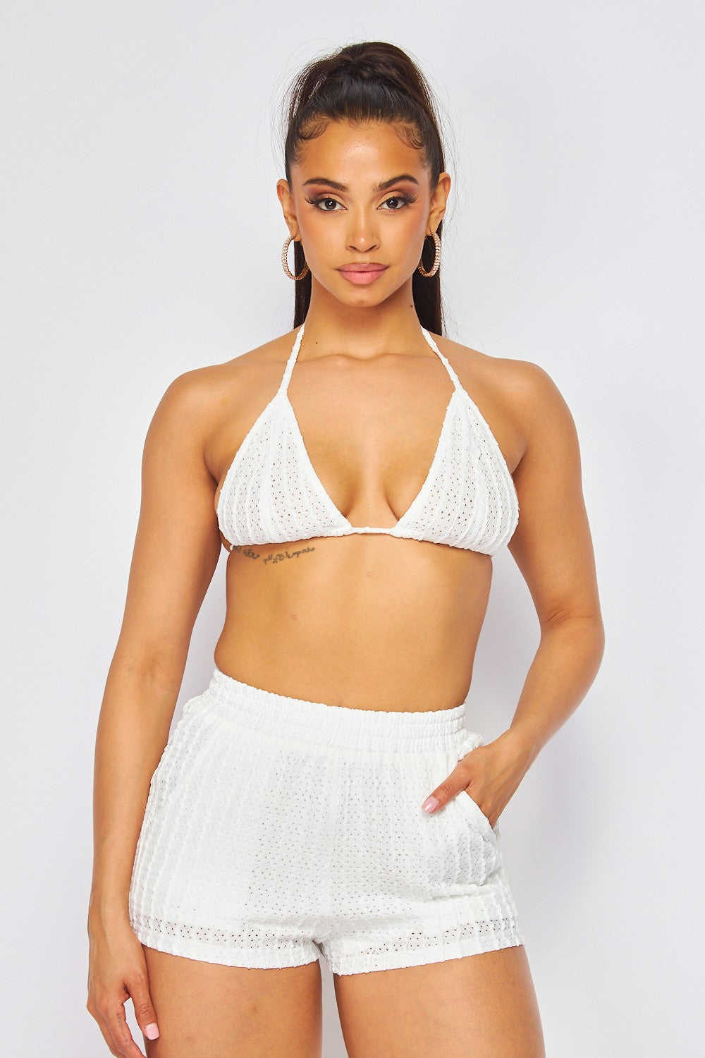 Los Cabos Eyelet 3 Piece Hoodie Bra Top Shorts Set
