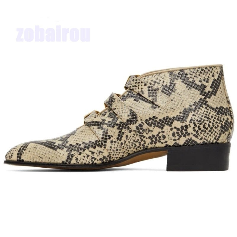 High Quality Men's Ankle Boots with Snake Pattern Print and Metal Buckle