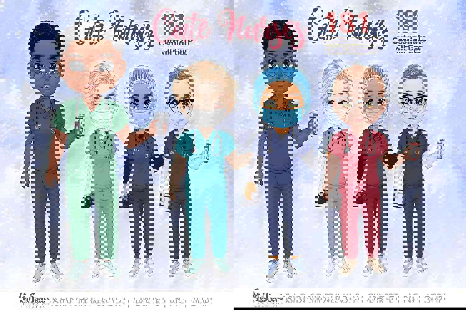 Chibi HealthCare Clipart Set - Customizable Medical Nurse PNG for Sublimation