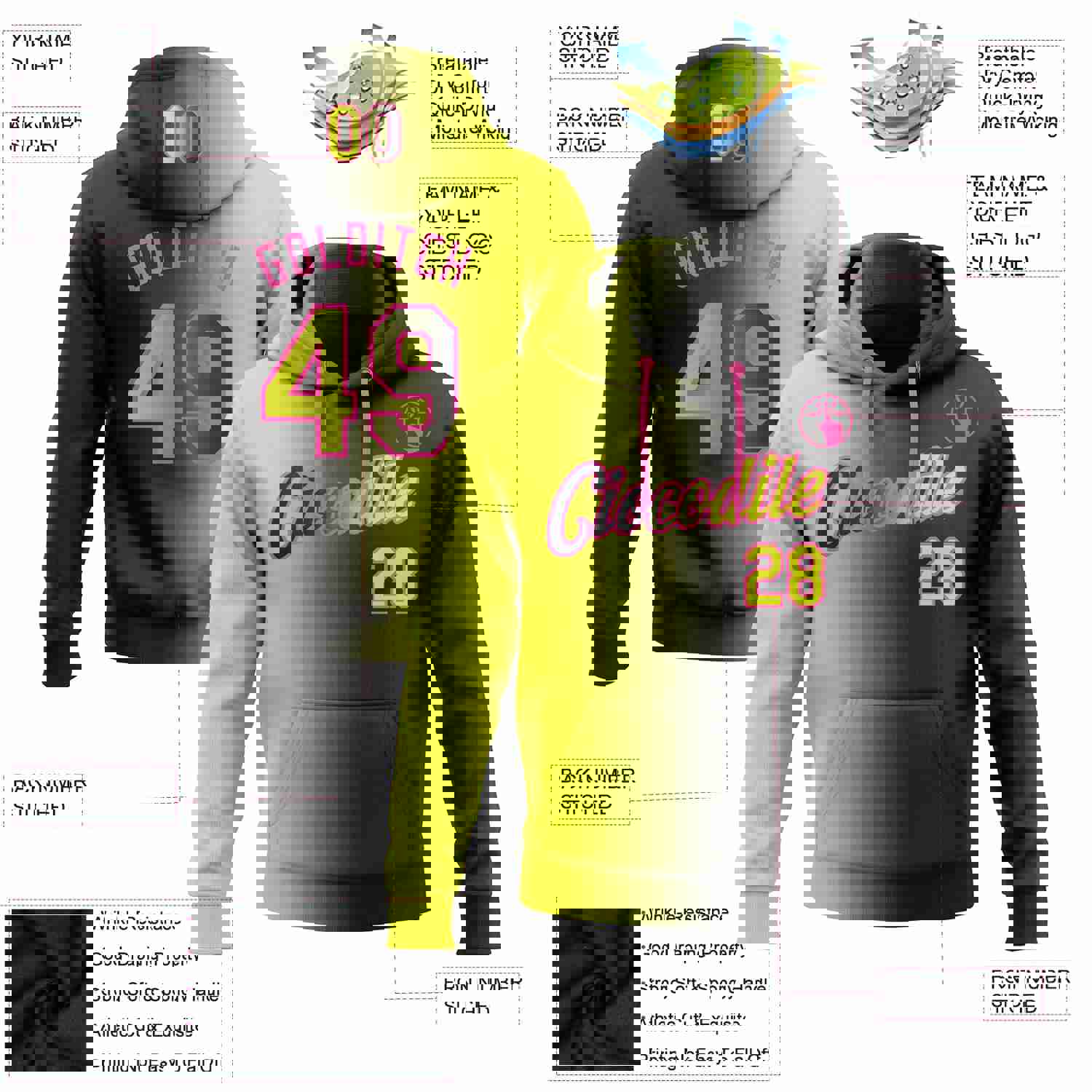 Custom Stitched Black Neon Yellow-Pink Gradient Sports Hoodie