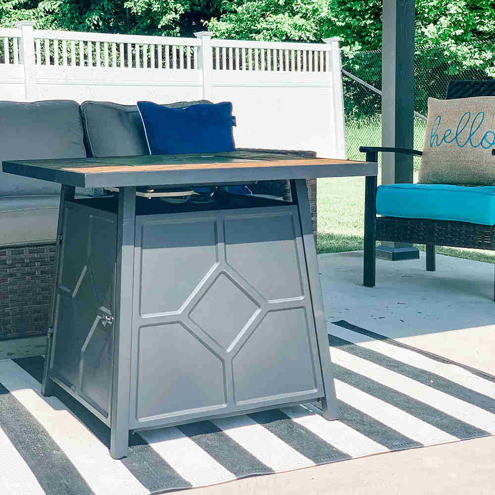 PHI VILLA 28 Inch 40,000 BTU Outdoor Terrafab Square Gas Fire Pit Table With Lid and Lava Rocks, PVC Cover