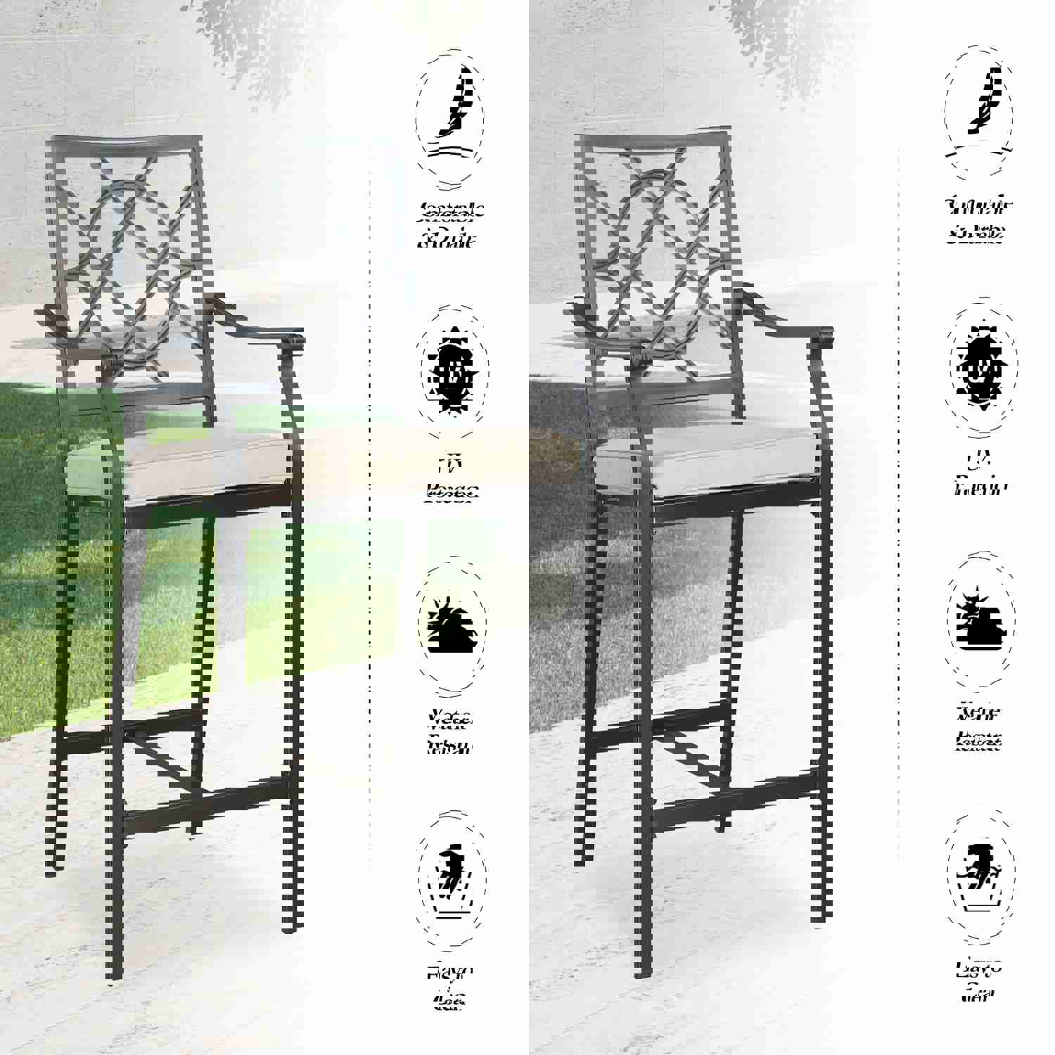 Outdoor 5-Piece Patio Bar Height Dining Set with Square Steel Table and Beige Cushioned Bar Stools