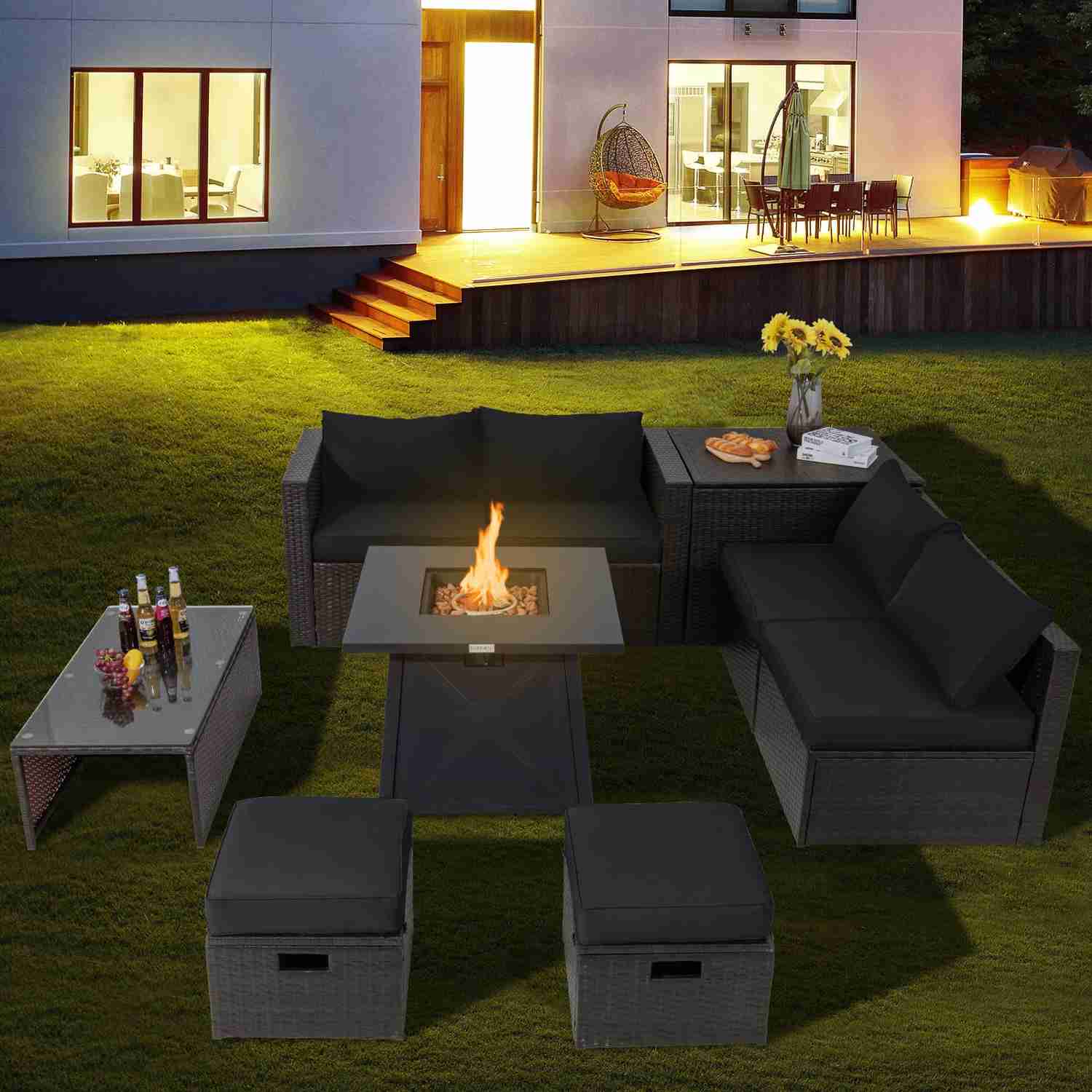 Tangkula 9-Piece Patio Furniture Set with 30" Propane Fire Pit Table