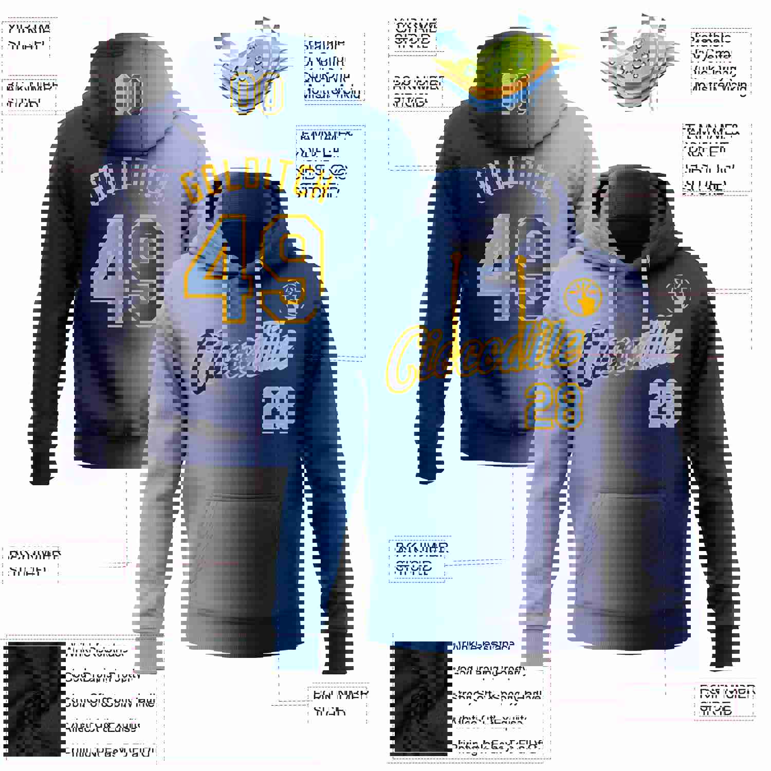 Custom Stitched Navy Light Blue-Gold Gradient Fashion Sports Pullover Sweatshirt Hoodie
