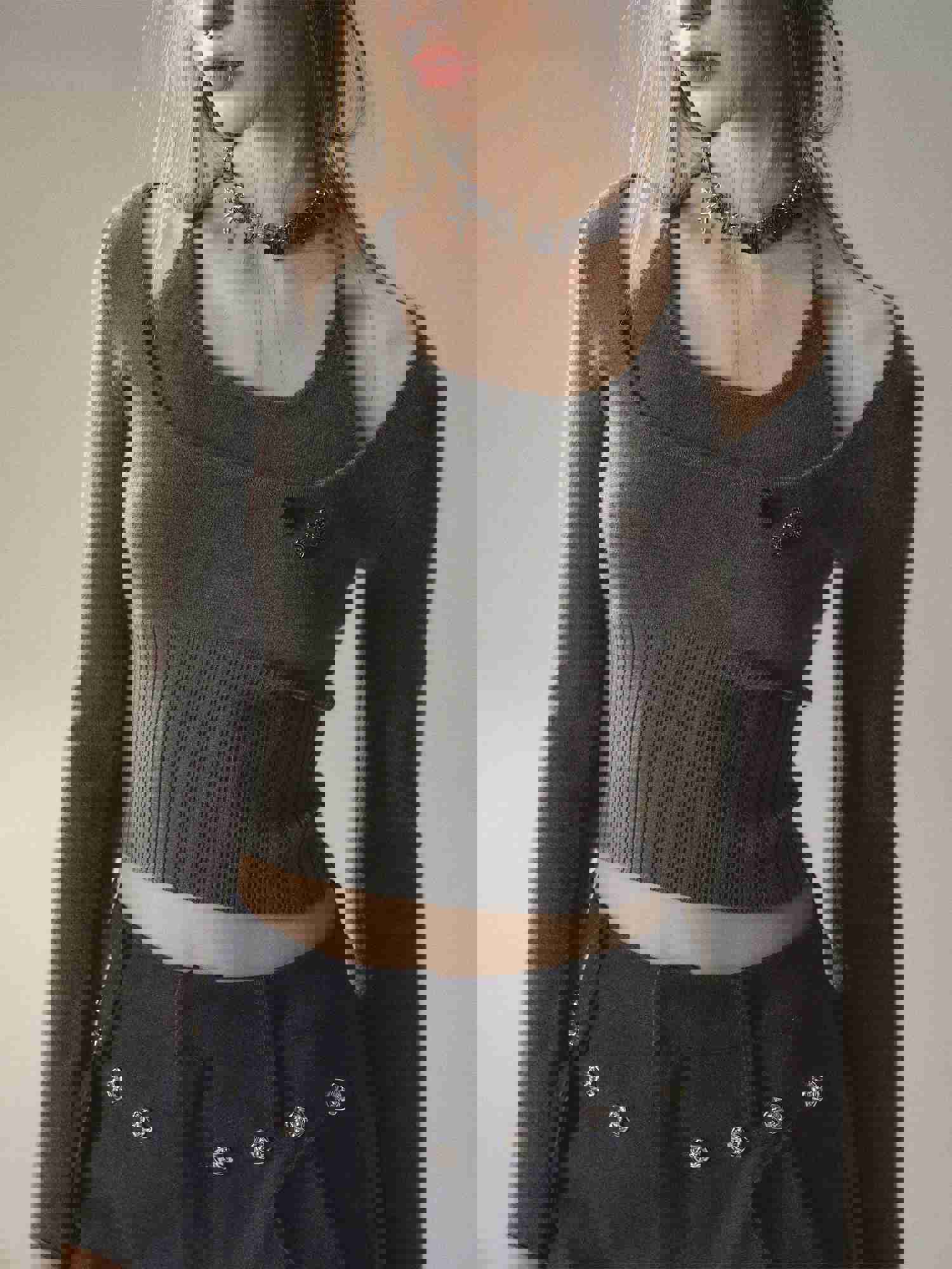 Green & Apricot Halter 2-in-1 Knitted Short Sweater