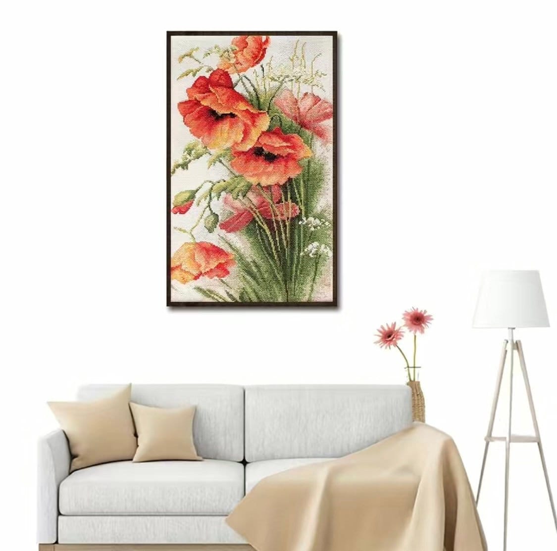 Floral Poppy Flowers Cross Stitch Kit for Beginners - DIY Embroidery Kit with Pre-Printed Aida