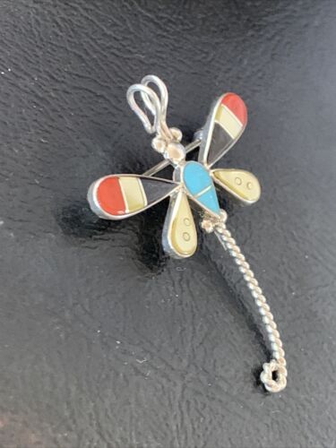 Handmade Zuni Turquoise and MOP Inlay Dragonfly Sterling Silver Necklace Pendant