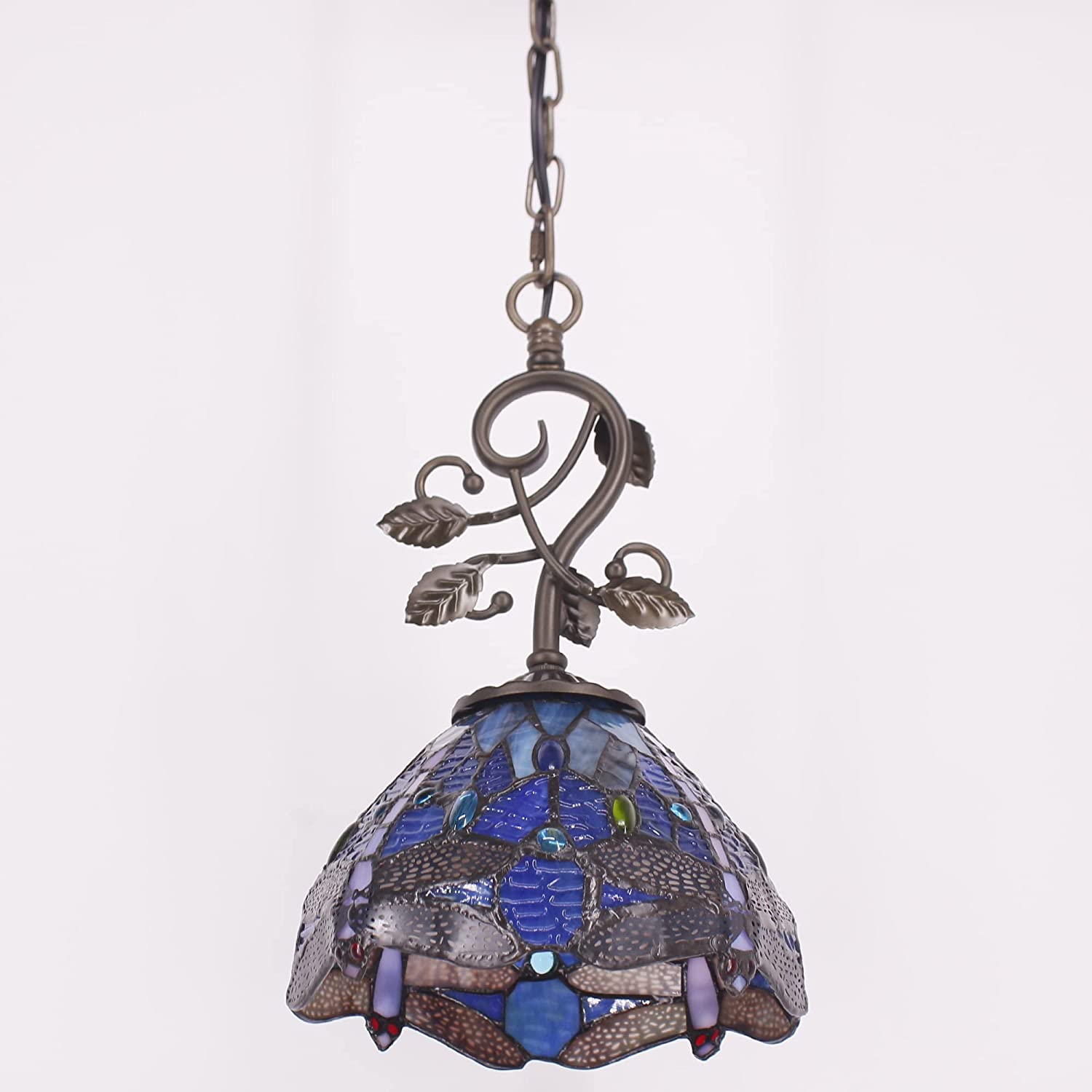 Werfactory® Tiffany Pendant Lighting - Navy Blue Stained Glass Dragonfly Hanging Lamp