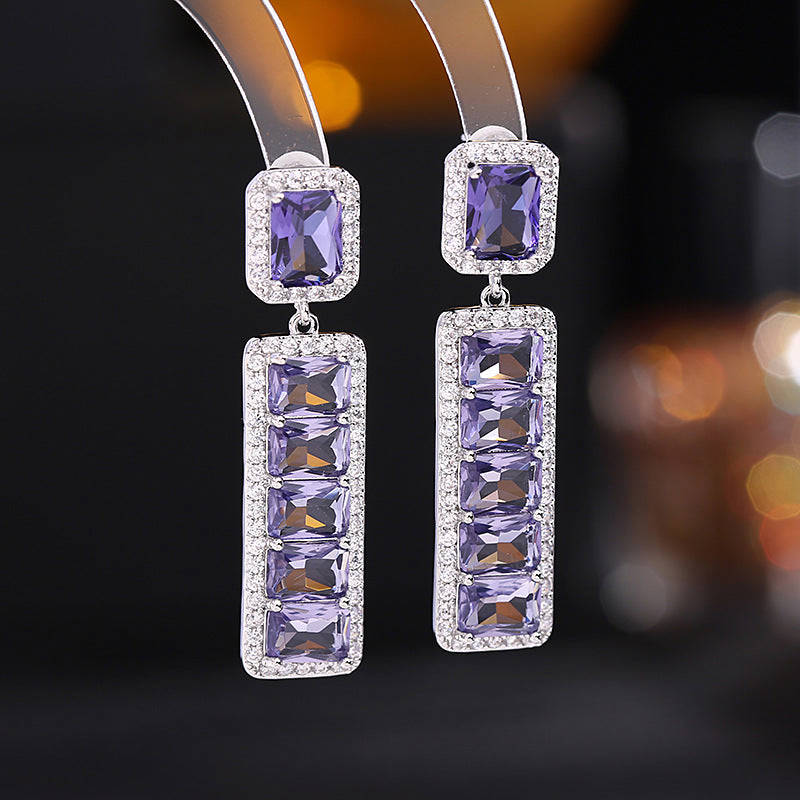 Jewelblings Luxury Long Studded Pink Purple Rectangle Drop Earrings for Women