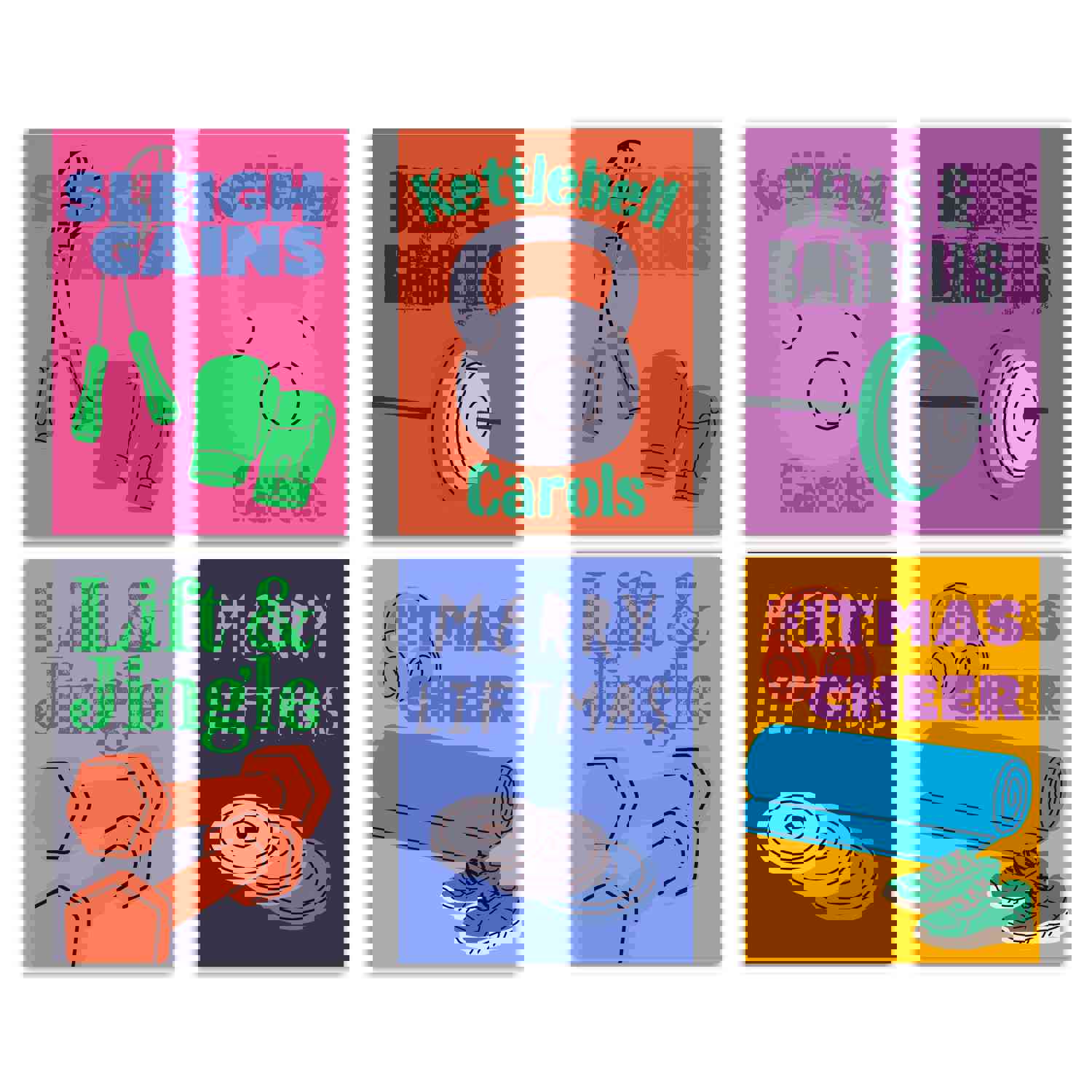 24 Fitness and CrossFit Christmas Cards with 6 Colorful Physical Illustrations and Envelope