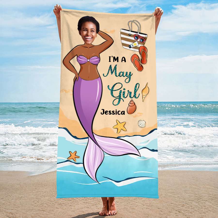 Funny Mermaid Personalized Beach Towel - Custom Photo Gift for Beach Lovers