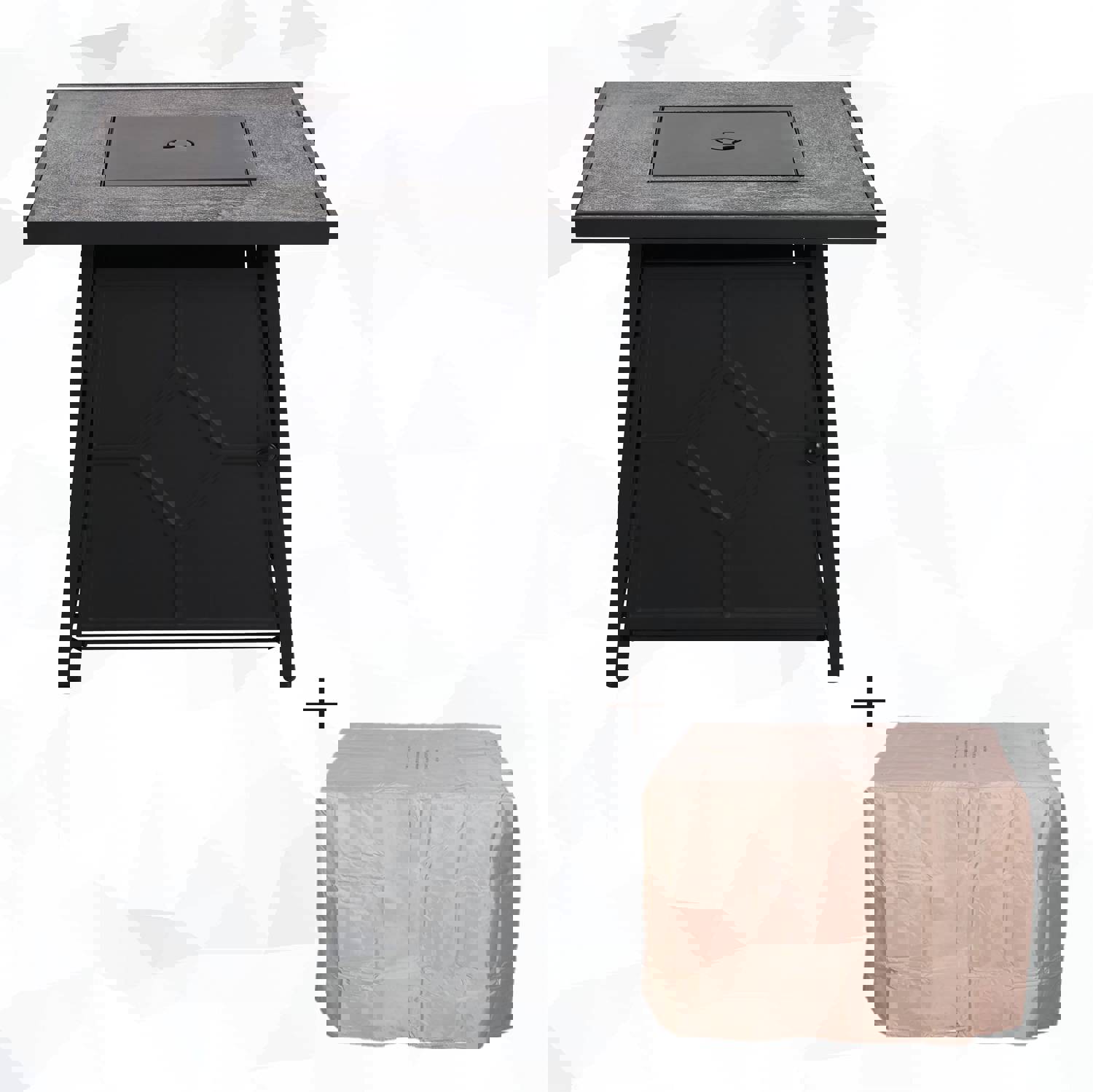 PHI VILLA 28 Inch 40,000 BTU Outdoor Terrafab Square Gas Fire Pit Table With Lid and Lava Rocks, PVC Cover