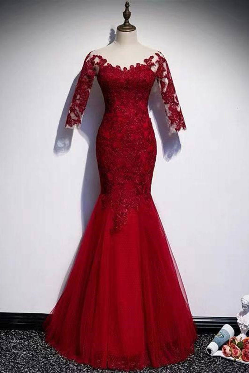 Burgundy Mermaid Lace Long Prom Dress with Short Sleeves