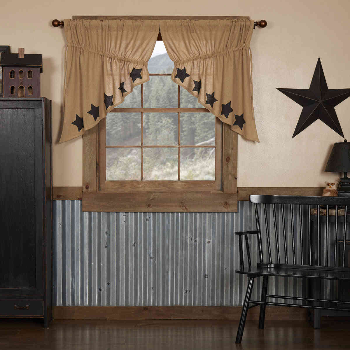Burlap with Black Stencil Stars Prairie Swag Set of 2 - 36x36x18