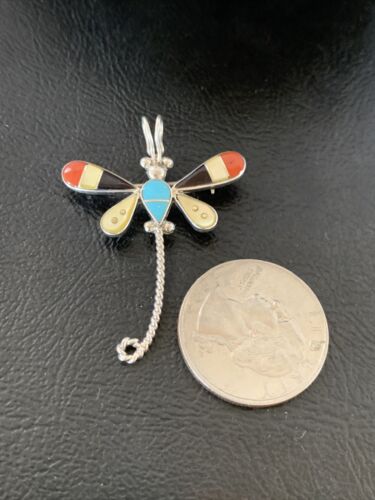 Handmade Zuni Turquoise and MOP Inlay Dragonfly Sterling Silver Necklace Pendant