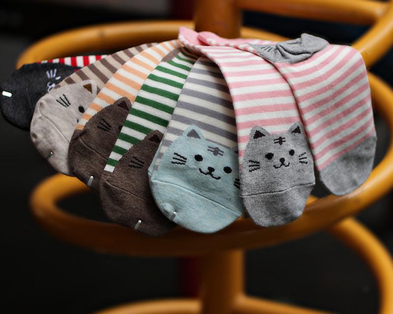 6 Pairs Cat Pattern Cotton Striped Socks for Women