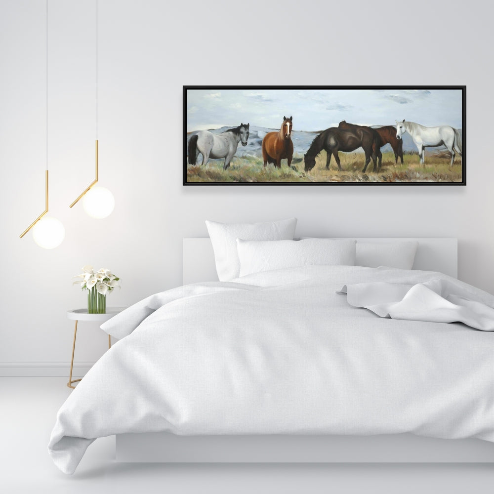 Horses Eating In The Meadow, Fine Art Gallery Wrapped Canvas 16x48