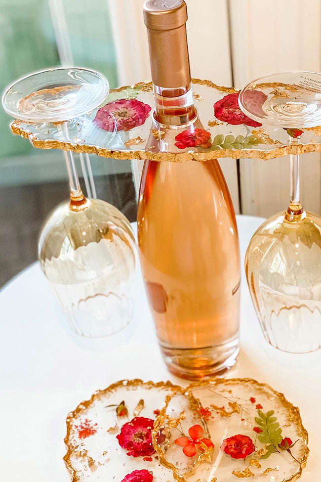 Gold Flake + Red Pressed Flower 2 Glass Wine Butler