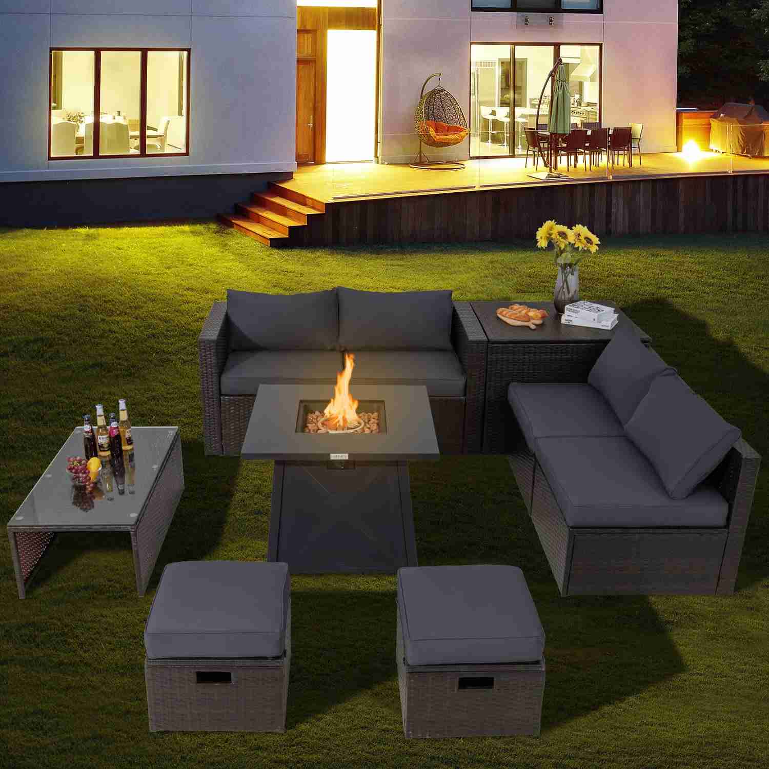 Tangkula 9-Piece Patio Furniture Set with 30" Propane Fire Pit Table