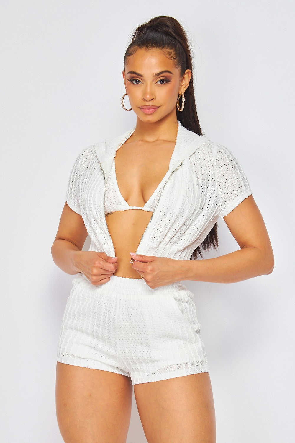 Los Cabos Eyelet 3 Piece Hoodie Bra Top Shorts Set