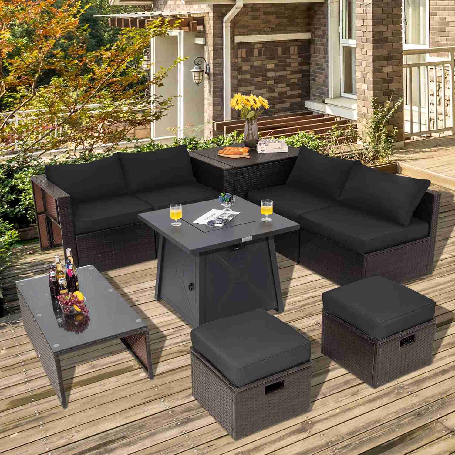 Tangkula 9-Piece Patio Furniture Set with 30" Propane Fire Pit Table