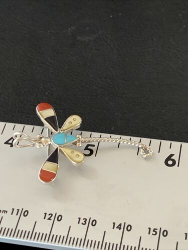 Handmade Zuni Turquoise and MOP Inlay Dragonfly Sterling Silver Necklace Pendant