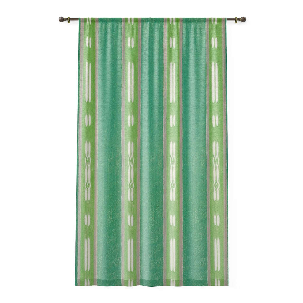 Vintage Japanese Woodblock Print Green Sheer Window Curtain