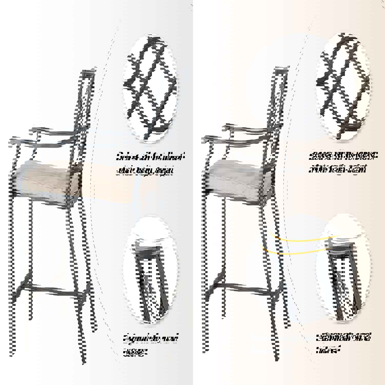 Outdoor 5-Piece Patio Bar Height Dining Set with Square Steel Table and Beige Cushioned Bar Stools