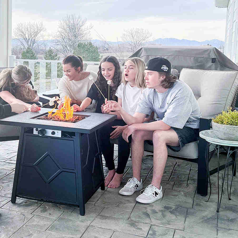 PHI VILLA 28 Inch 40,000 BTU Outdoor Terrafab Square Gas Fire Pit Table With Lid and Lava Rocks, PVC Cover