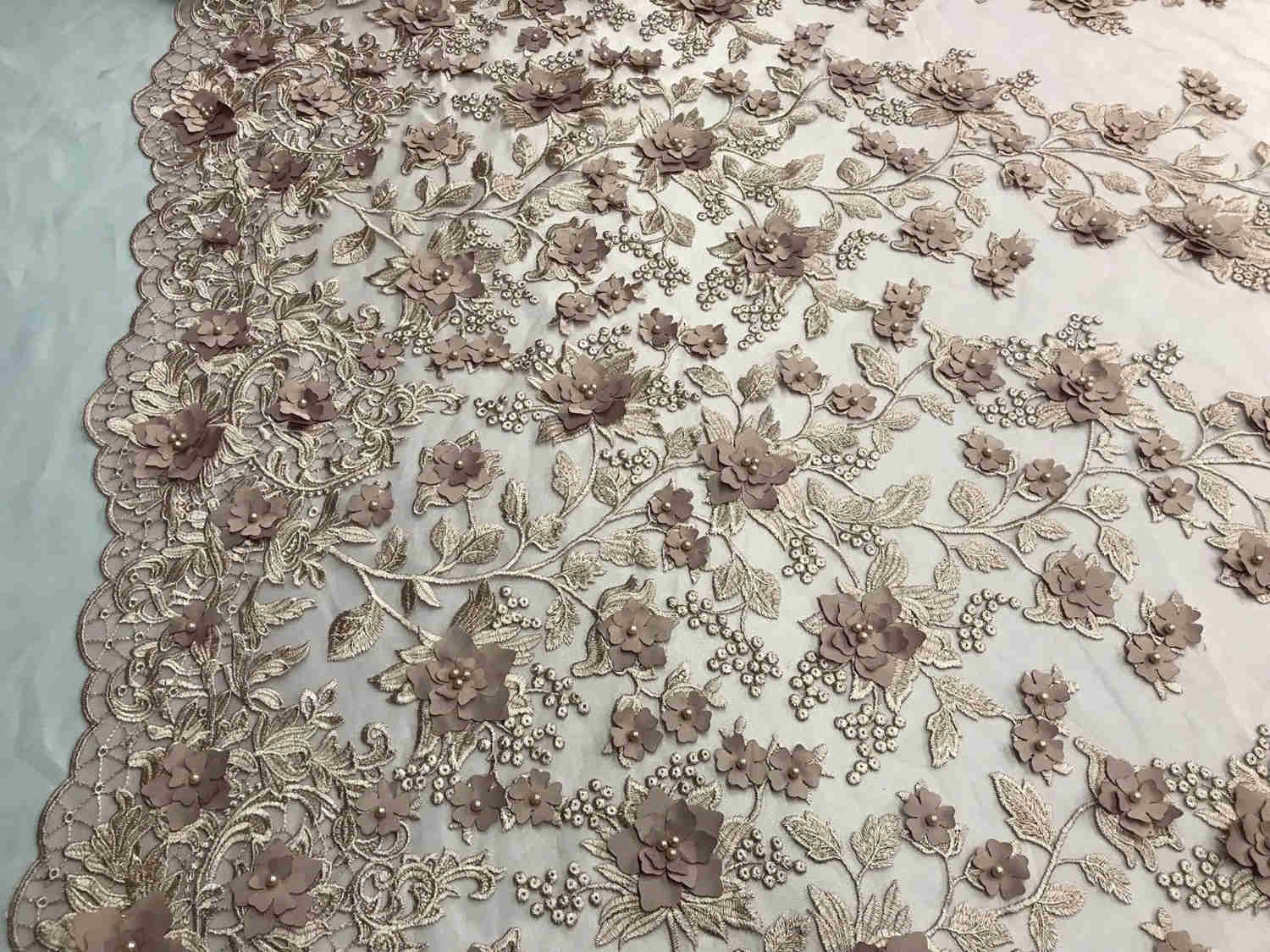Dusty Rose 3D Floral Embroidered Mesh Lace with Pearls for Prom Dresses and Fashion