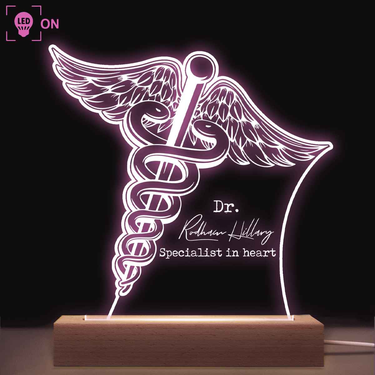 Caduceus Staff of Hermes - Acrylic Plaque LED Lamp - Personalized Gift for Healthcare Professionals