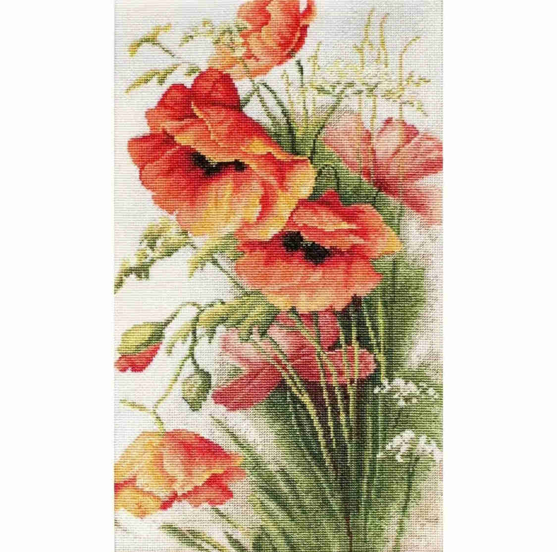 Floral Poppy Flowers Cross Stitch Kit for Beginners - DIY Embroidery Kit with Pre-Printed Aida