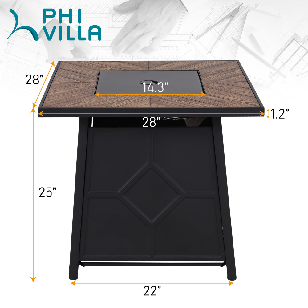 PHI VILLA 28 Inch 40,000 BTU Outdoor Terrafab Square Gas Fire Pit Table With Lid and Lava Rocks, PVC Cover