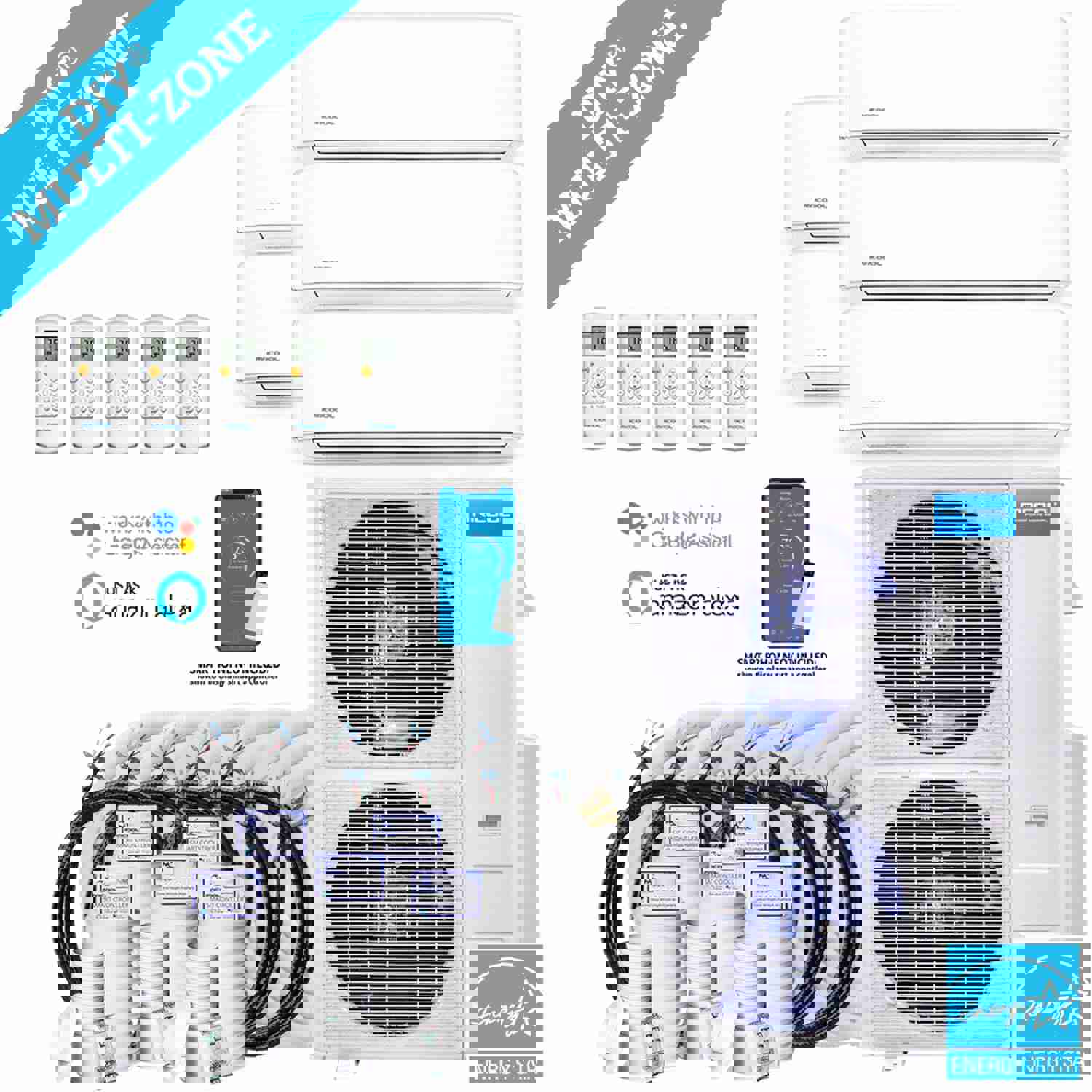 MRCOOL DIY 4th Gen 48K BTU 5-Zone Condenser with 9K+9K+9K+9K+12K Handlers and Linesets Bundle