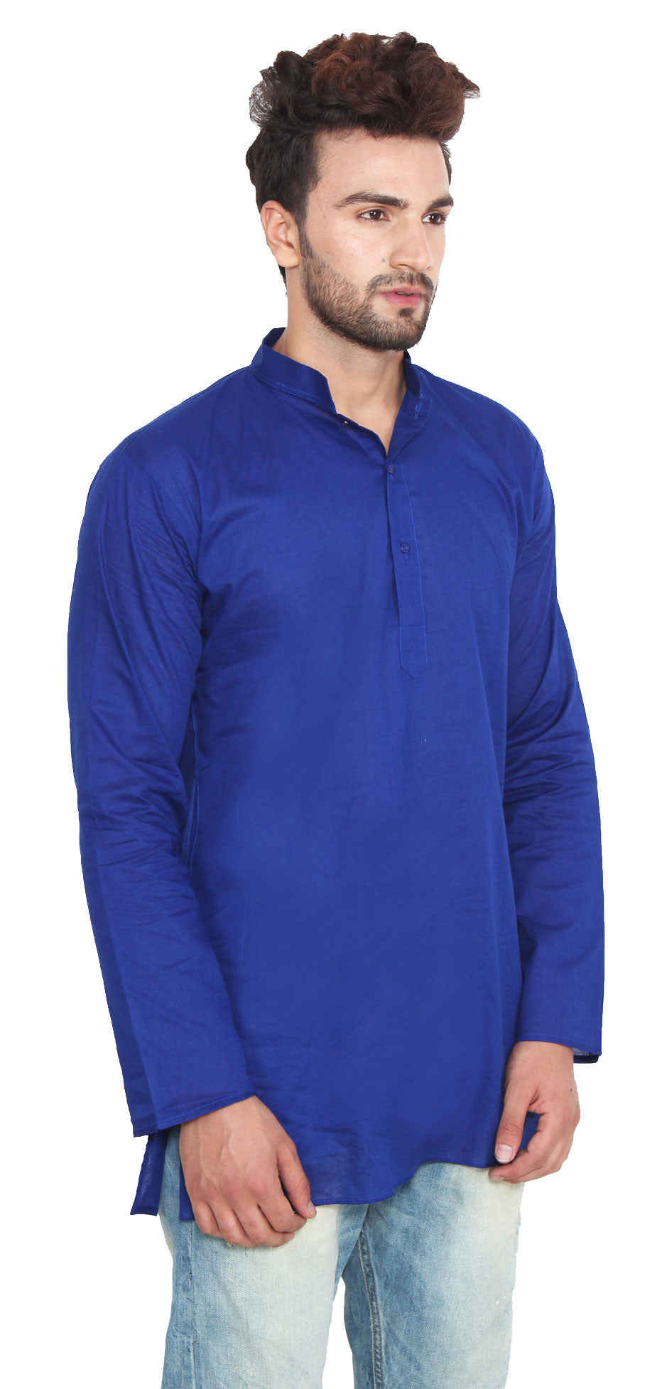 Men's Blue Cotton Short Kurta Shirt - India Fashion Clothing