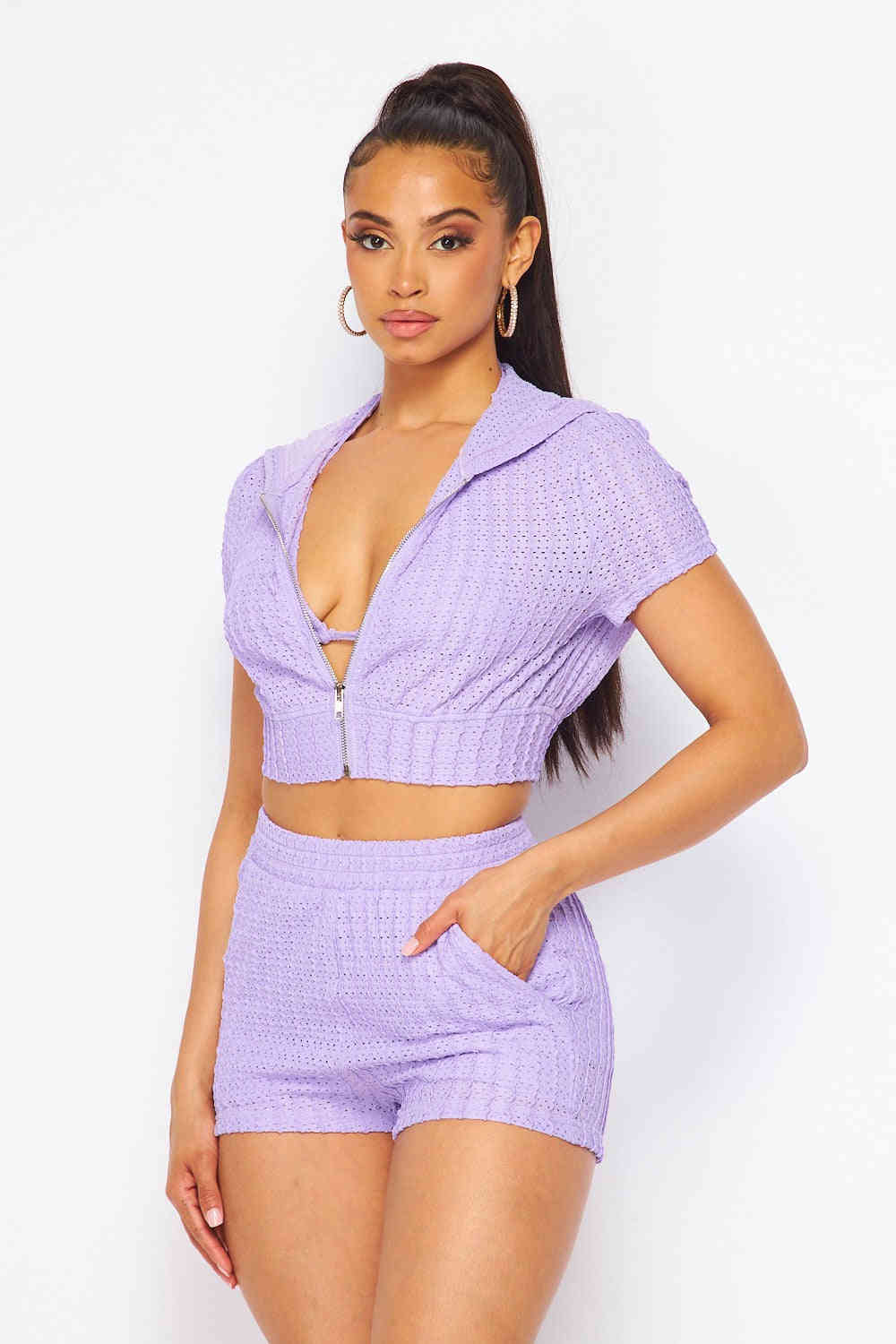 Los Cabos Eyelet 3 Piece Hoodie Bra Top Shorts Set