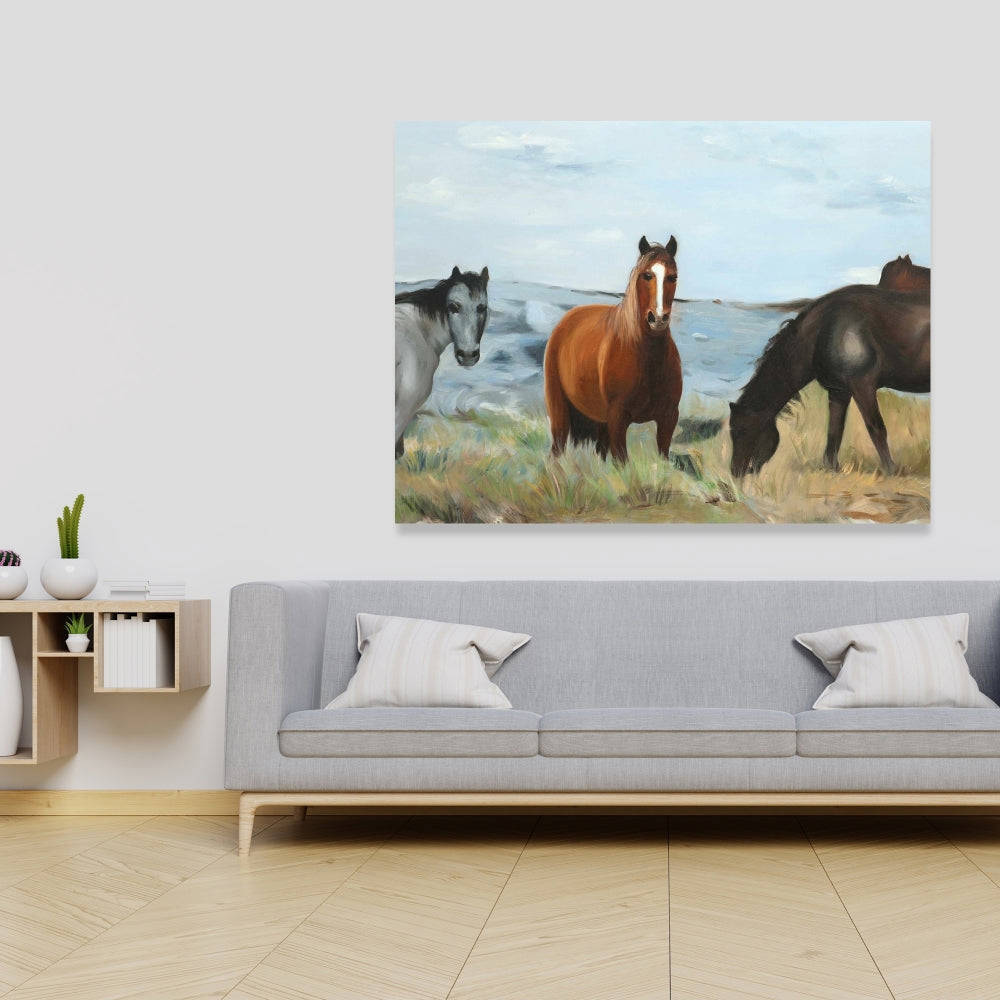 Horses Eating In The Meadow, Fine Art Gallery Wrapped Canvas 16x48