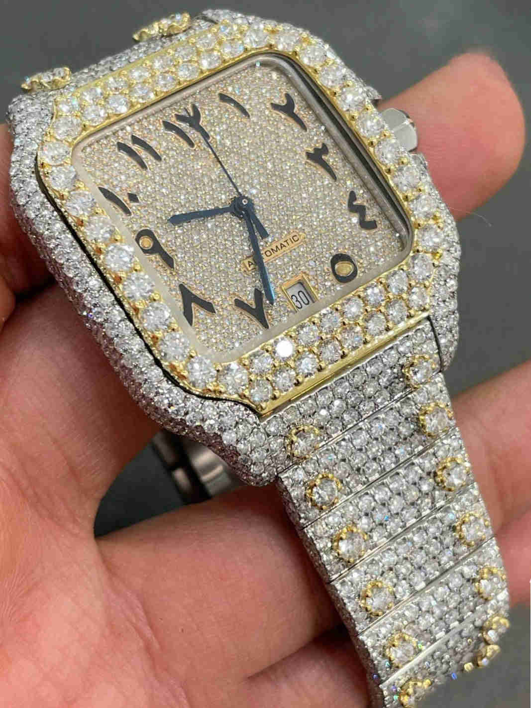 Arabic Numeral Yellow Two Tone Iced Out Luxury Moissanite Watch